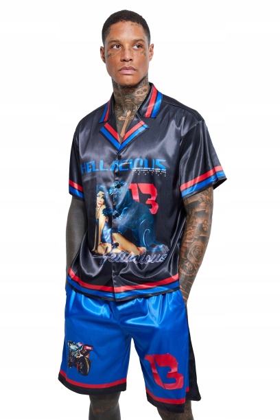 W5*BOOHOO SATYNOWY KOMPLET Z NADRUKIEM KOSZULA I SPODENKI M