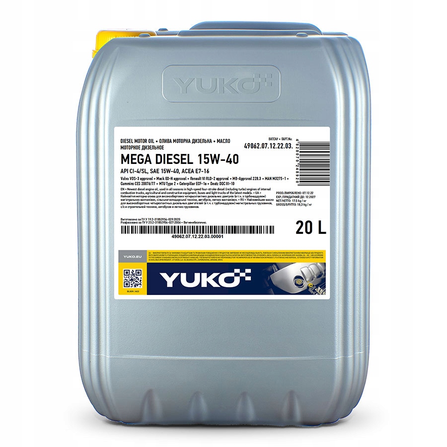 Motorový olej Yuko Diesel 15W-40 VDS-3 RLD-2 M3275-115B110 ECF-1a 20L