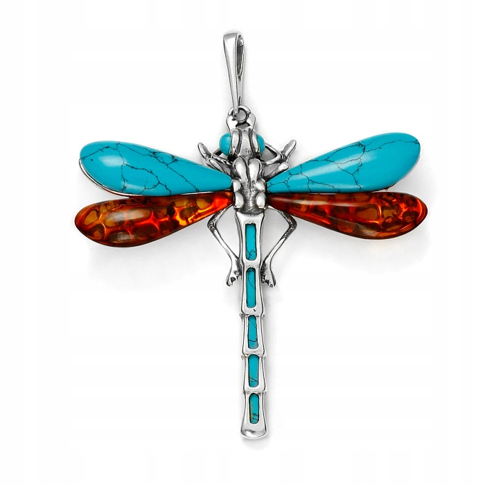 Stříbrný Přívěsek S Barevnou Vážkou, Jantarem A Tyrkysem