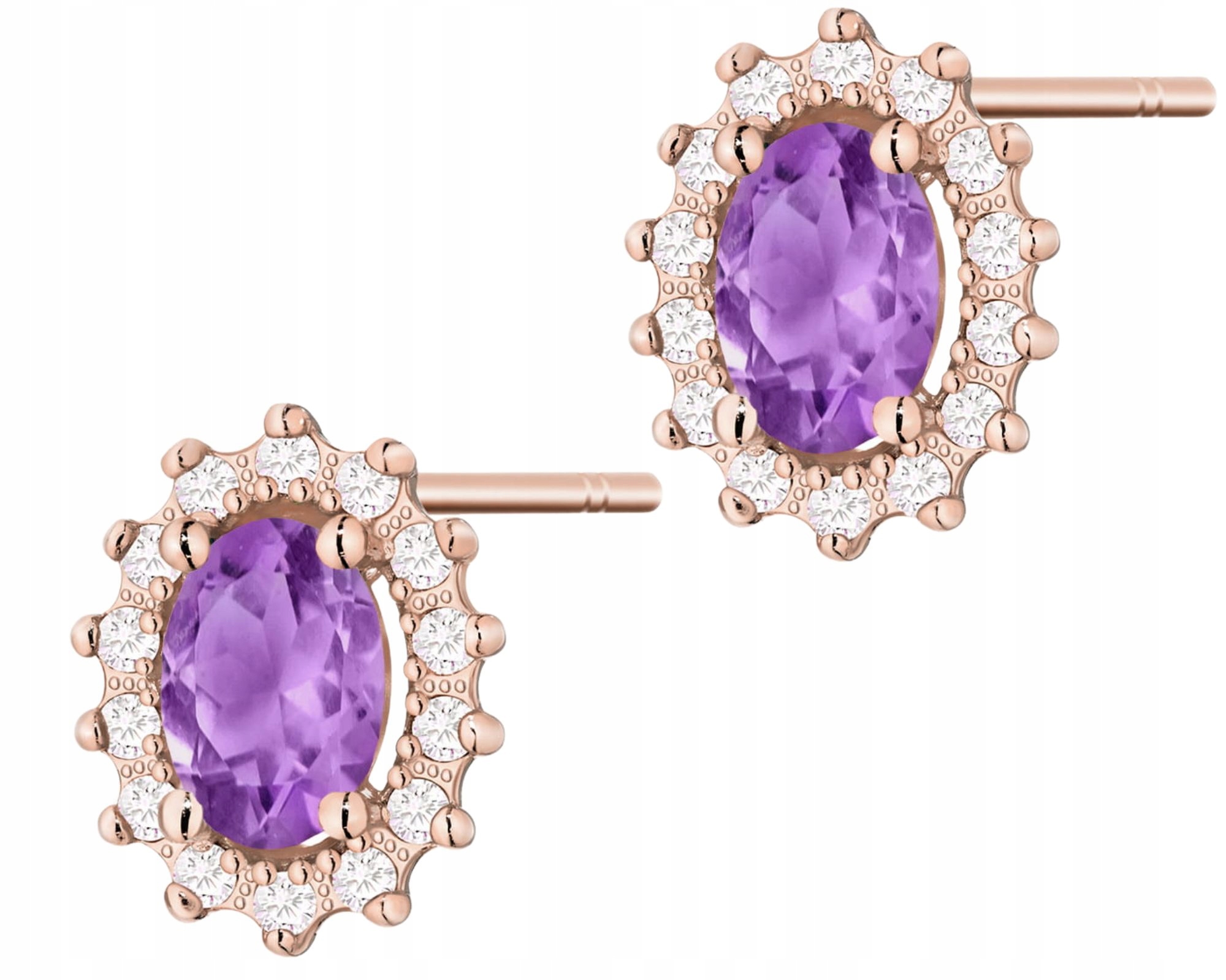Růžové Zlato Náušnice Přírodní Kameny Ametysty Brilianty Na Tyči