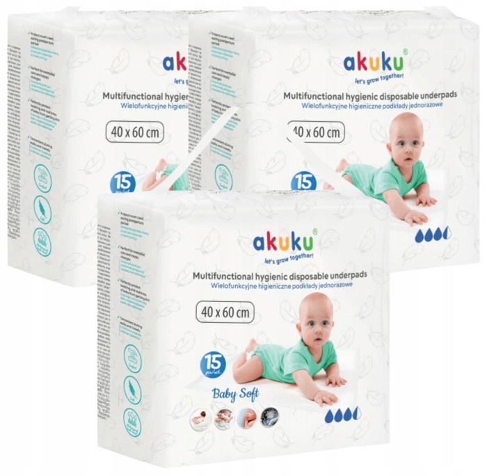 PODKŁADY DO PRZEWIJANIA AKUKU CHŁONNE HIGIENICZNE PODKŁAD 40x60 3PAK 45 SZT