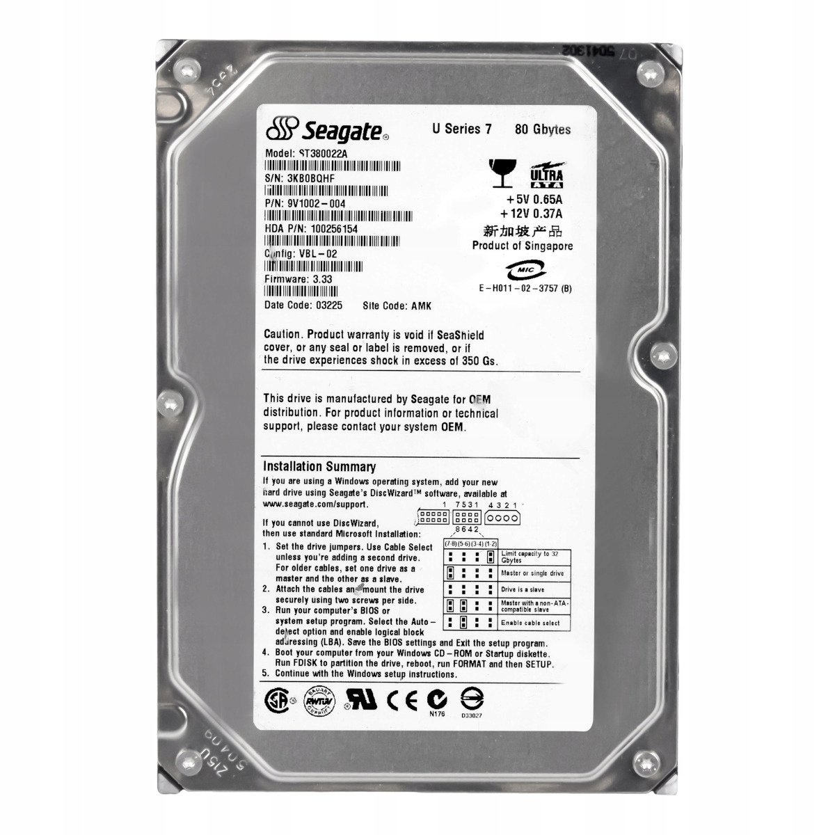 Seagate U Série 7 80GB Ata 7.2K 1MB 3.5'' ST380022A