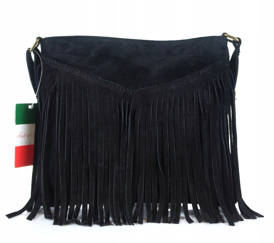 Vera Pelle Italy Zamszowa czarna listonoszka na pasku Frędzle Boho S37