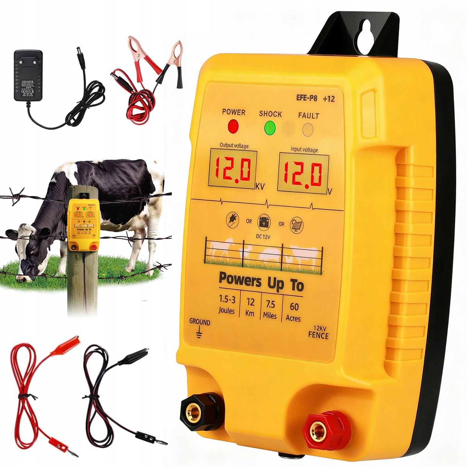 Elektrizátor na dobytek a plot pro koně 12V/220V 12km LCD