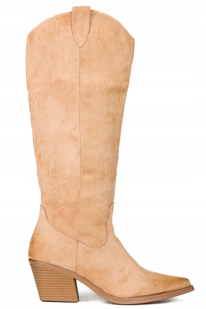 Béžové Kozačky Kovbojské Boty Semišová Špička Ke Kolenům 38