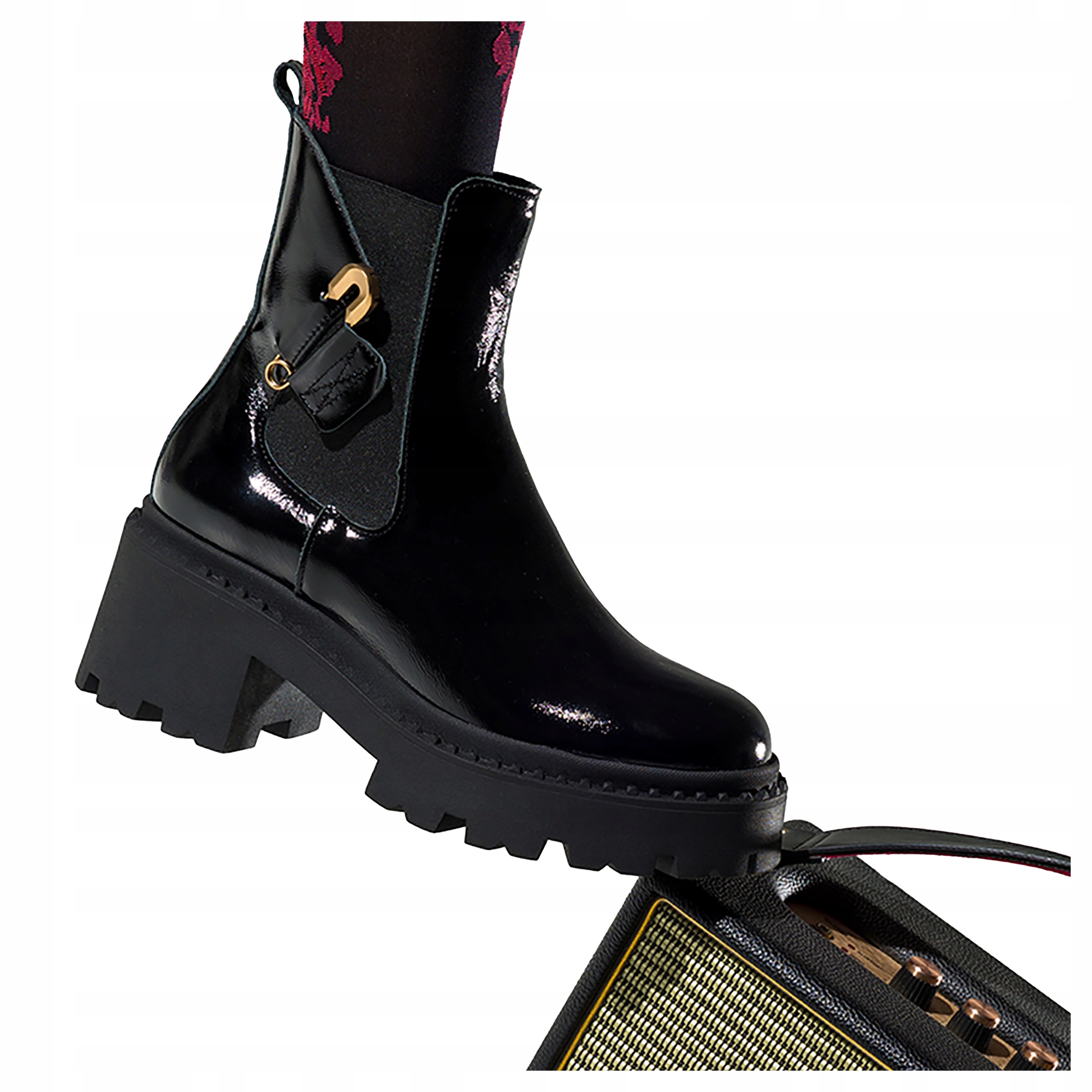 Kotníkové Boty Dámské Černé Lakované Platforma S Ozdobou Pohodlné vel 39