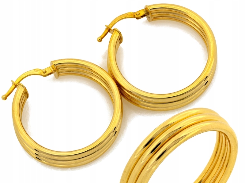 Zlaté Náušnice 585 pro ženy, trojité kruhy 27 mm, módní dárek pro ni 14k