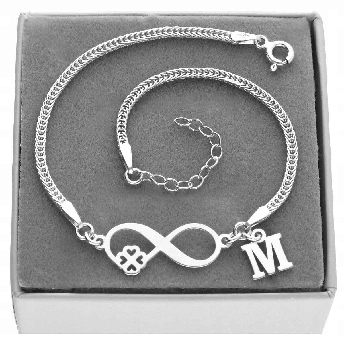 Srebrna bransoletka nieskończoność koniczynka Literka Pudełko Srebro