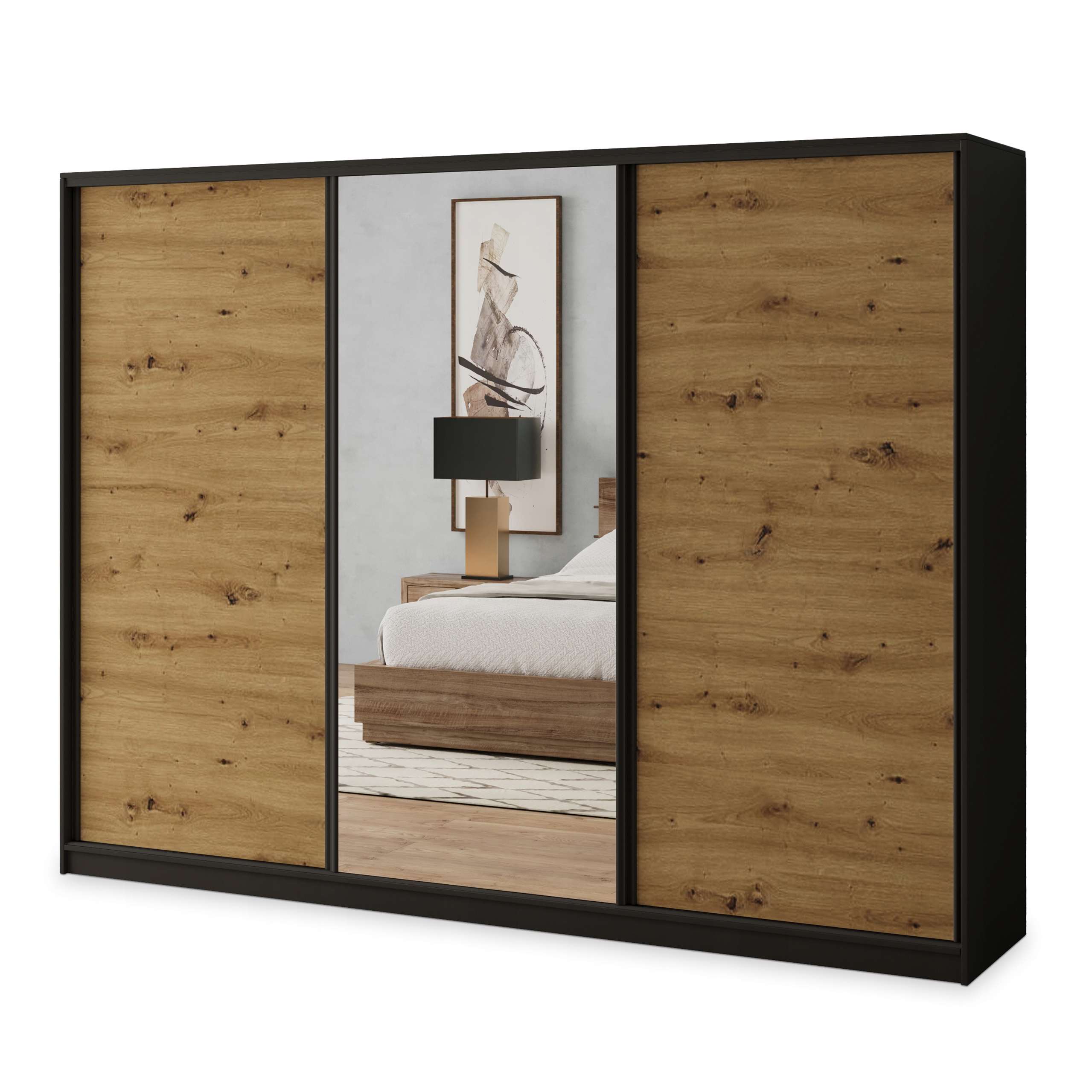 Skříň Sore 250 cm Zrcadlo Zásuvky Třídveřová Černá Artisan