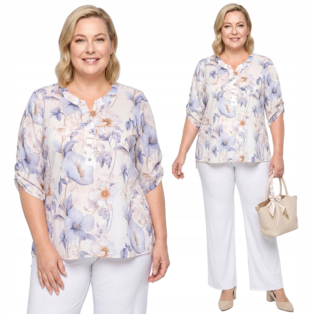 Krémová halenka s modrými a béžovými květy plus size velikost 58