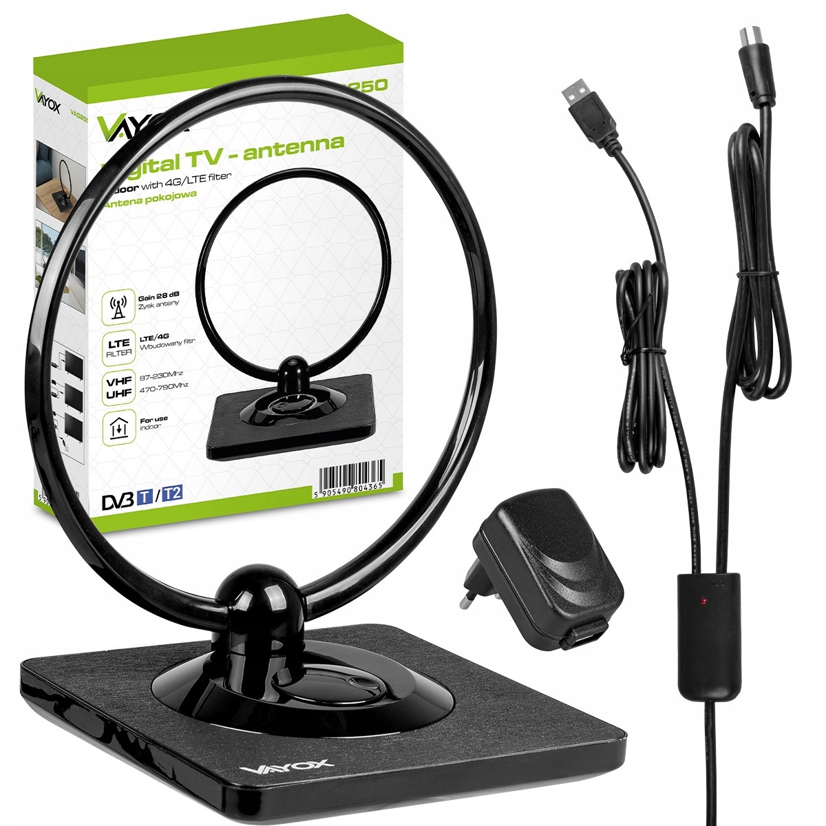 Pokojová anténa se zesilovačem DVB-T/T2 Vayox, malé rozměry