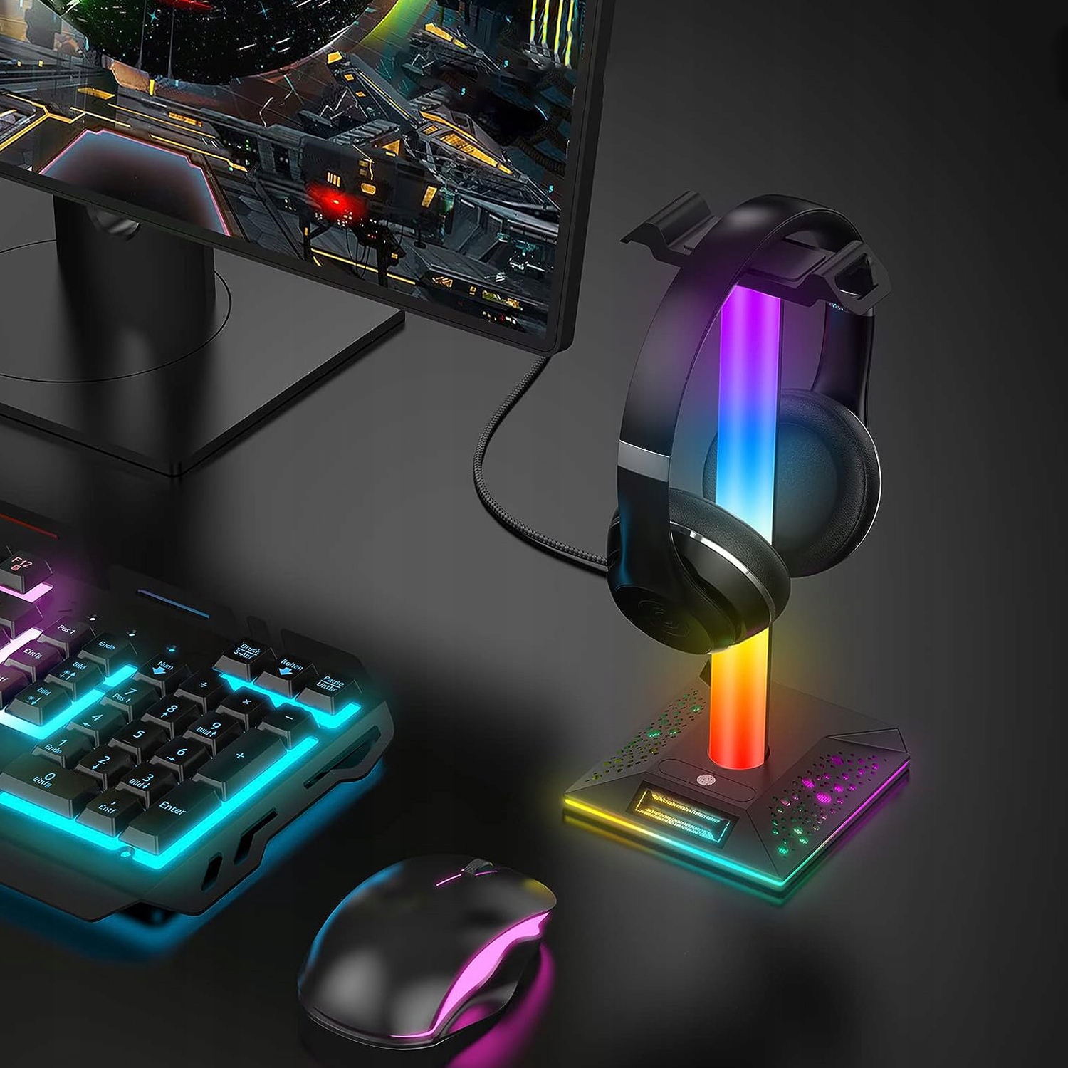 STOJAK NA SŁUCHAWKI RGB 10 TRYB OŚWIETLENIA 1 PORT AUDIO 3,5 MM 2 PORT USB Kod producenta RGB Headset Holder +6GM0017