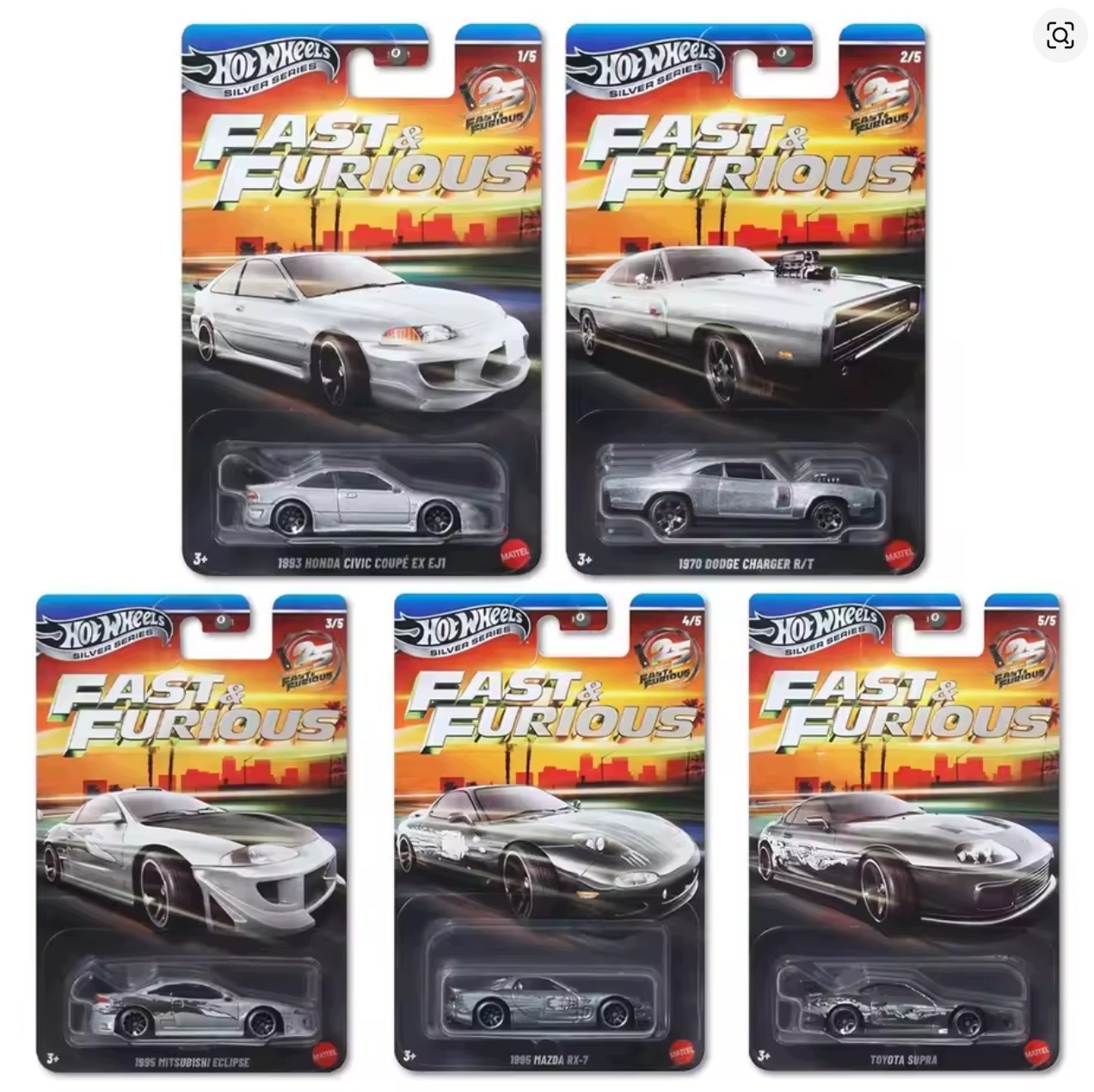 Hot Wheels 25 Years Of Fast & Furious Silver Series sada 5 autíček.
