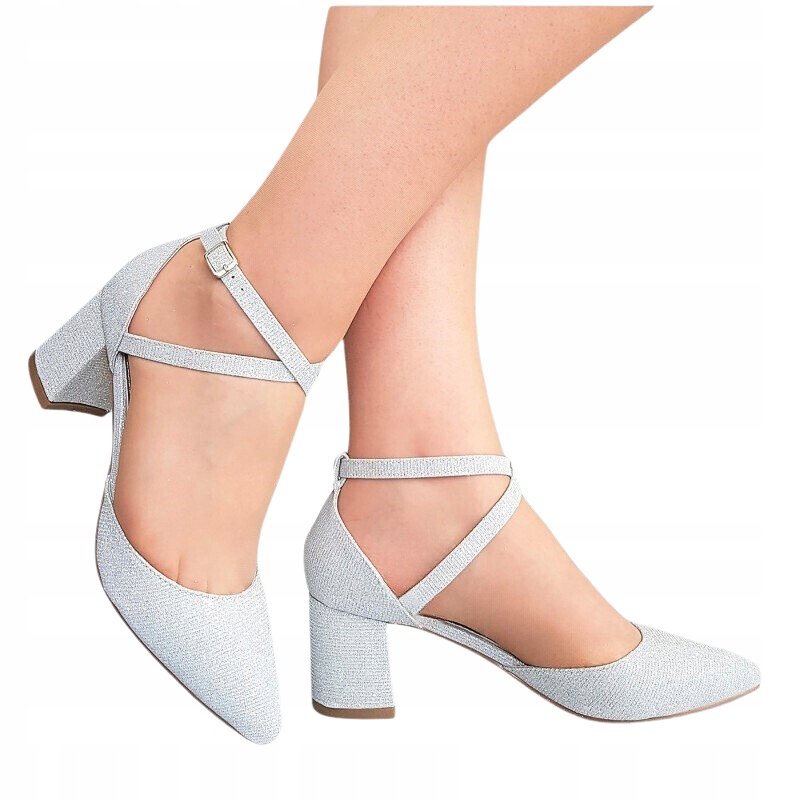 Srebrne Brokatowe Przeplatane Buty Czółenka Na Słupku 6 cm 41