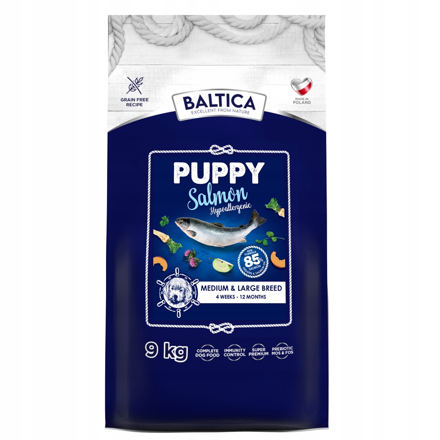 Baltica Excellent Sucha Karma dla Psa Szczeniąt Łosoś Bezzbożowa M/L 9kg