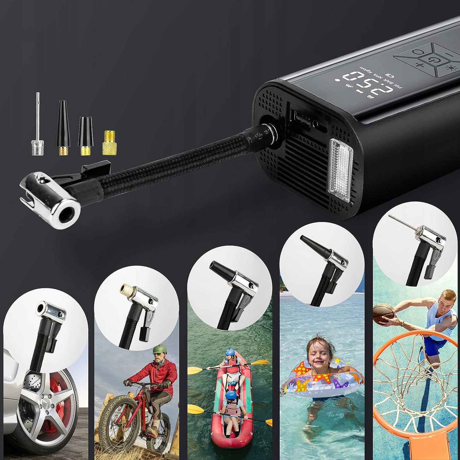 150PSI ELEKTRYCZNA POMPKA DO OPON SAMOCHODOWYCH, ROWERÓW, MOTOCYKLI I PIŁEK Wysokość 16 cm