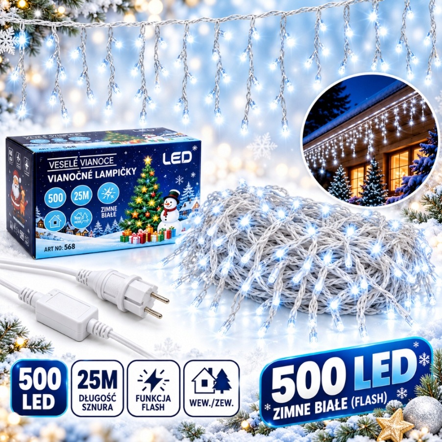 Lampičky rampouchy venkovní 500 Led 25 m studená bílá Flash IP44