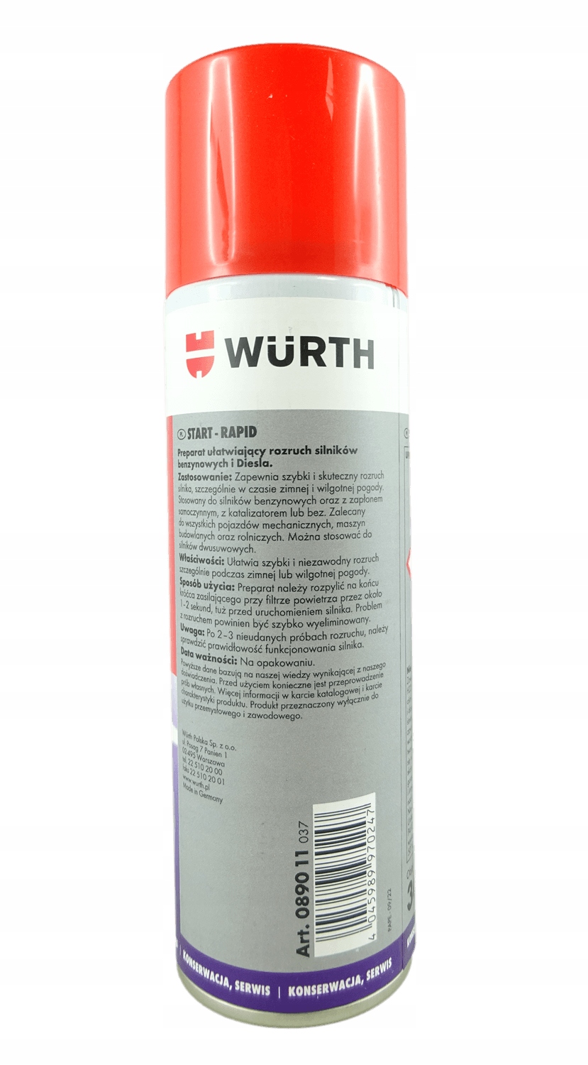 Preparat ułatwiający rozruch silnika benzynowego i Diesla START-RAPID Würth EAN (GTIN) 4045989970247