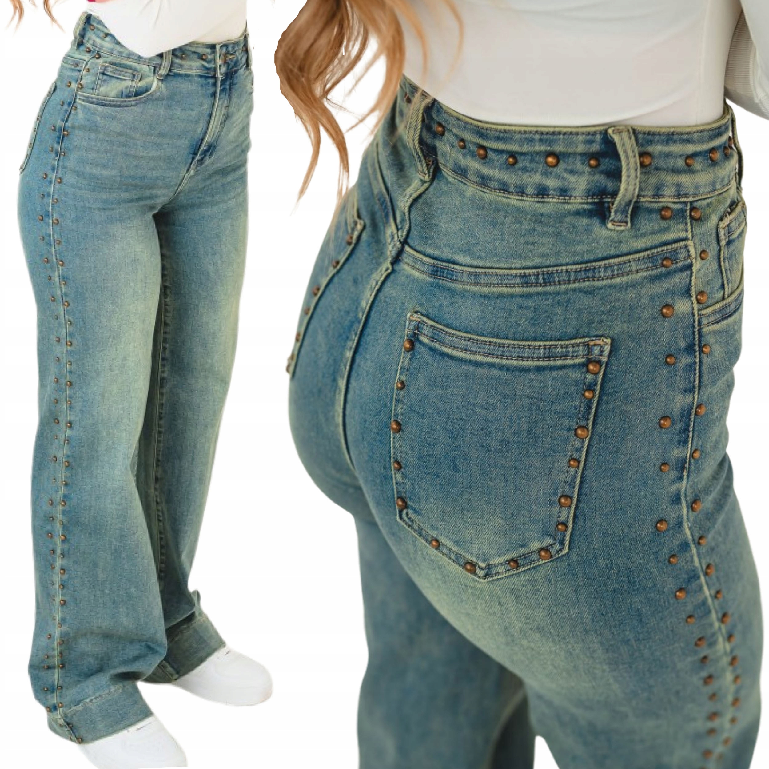 Široké dámské džíny Wide Leg s kamínky, vysoký pas S