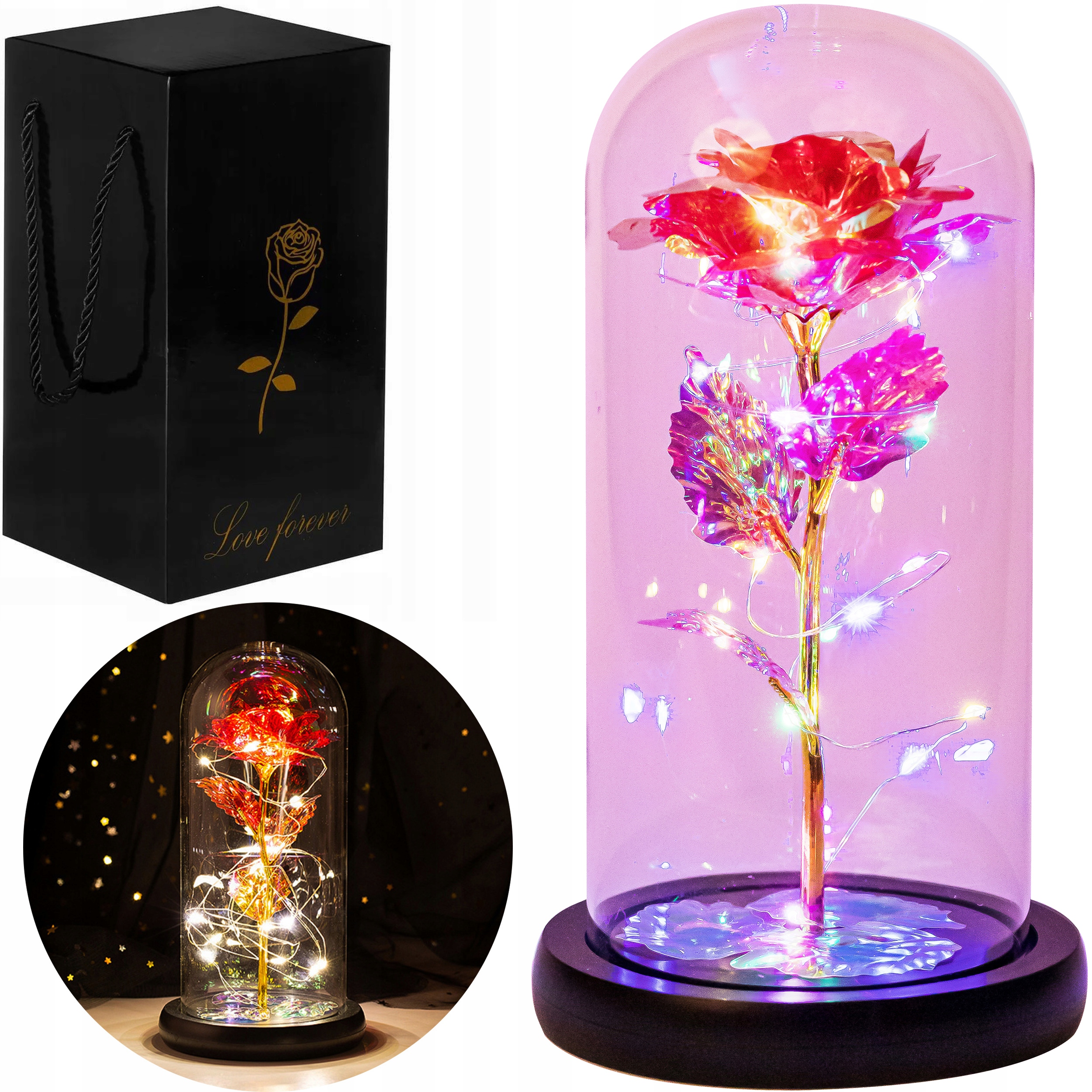 WIECZNA RÓŻA W SZKLE ŚWIECĄCA LED KWIAT NA PREZENT DLA ŻONY WALENTYNKI