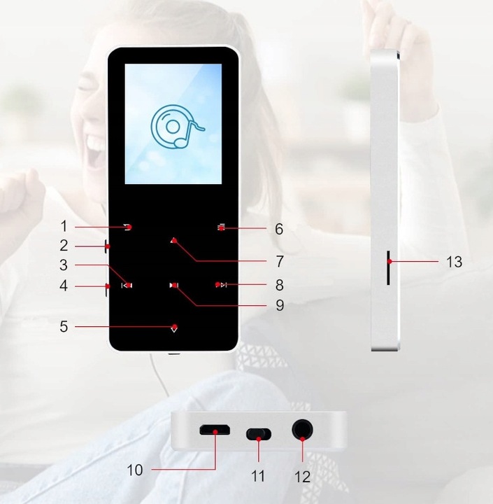 ODTWARZACZ MP4 MP3 16GB BLUETOOTH HiFi RADIO Złącza microUSB minijack (3,5 mm)