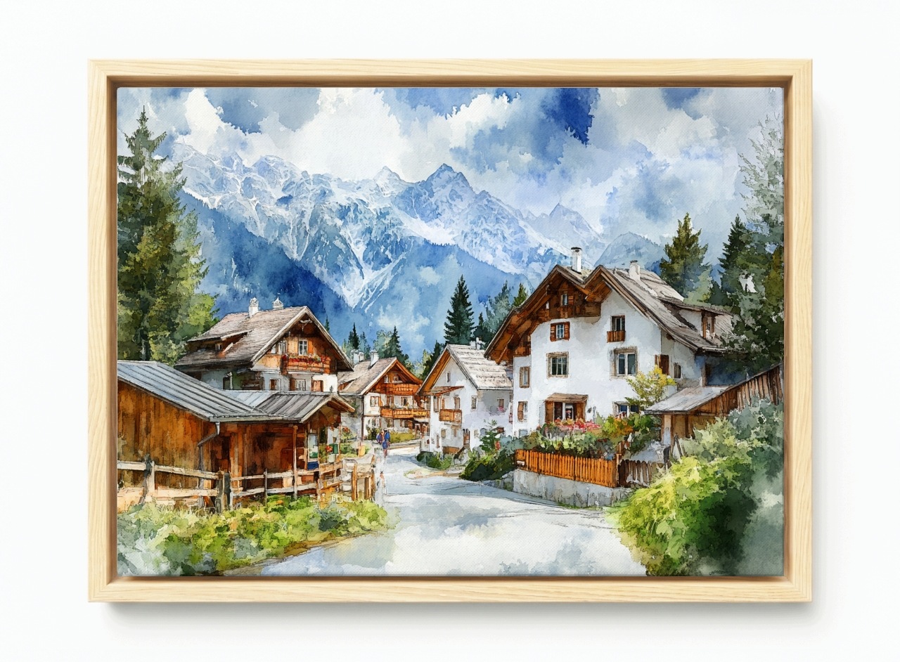 Obraz Rám Americký Box Krajina Pohlednice Alpy Městečko Hory Vesnice 60x40