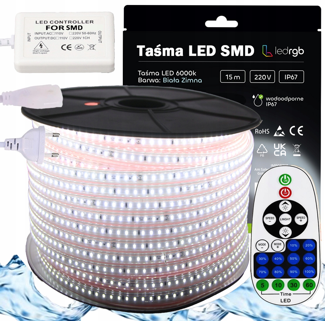 Set Led pásek Smd 230V 15m 6000K Bílý Studený Stmívač Dálkový Ovladač Ir IP67