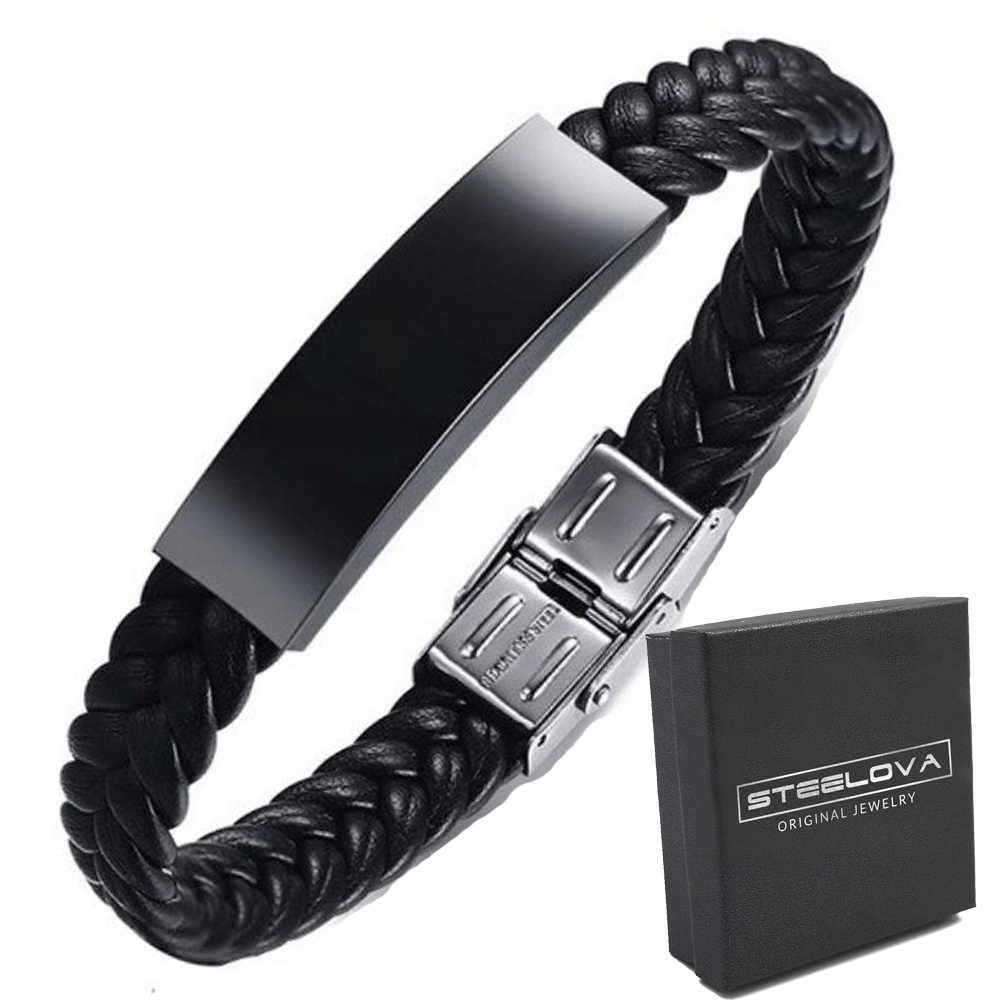 MĘSKA SKÓRZANA BRANSOLETA SPLOT WARKOCZ + BLASZKA