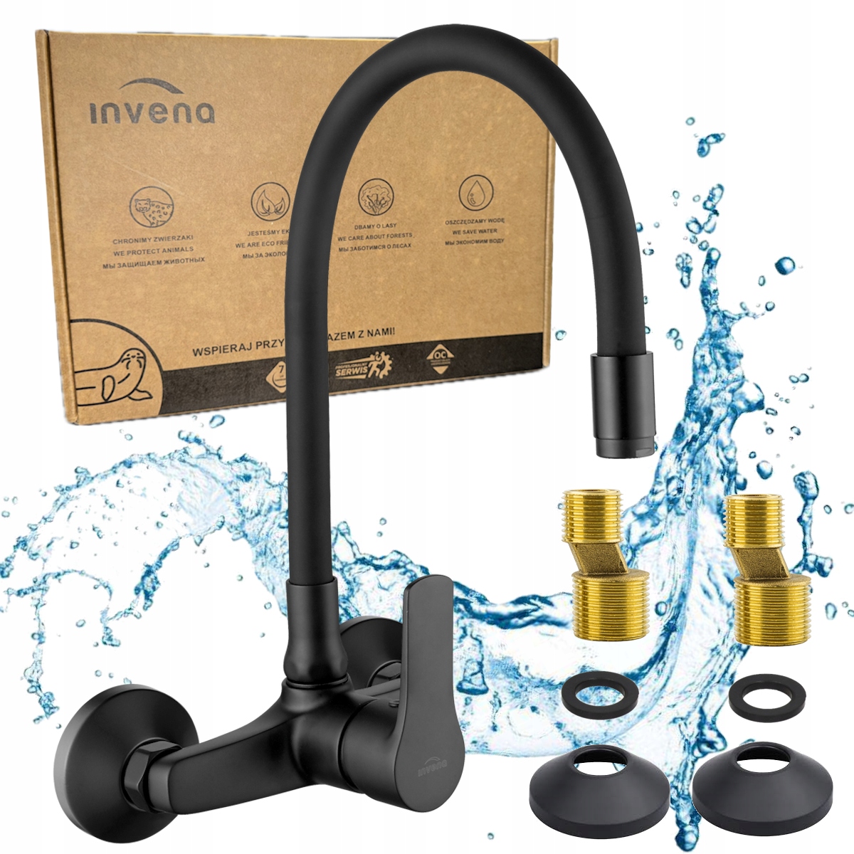 Bateria kuchenna zlewozmywakowa ścienna elastyczna wylewka czarna Verso