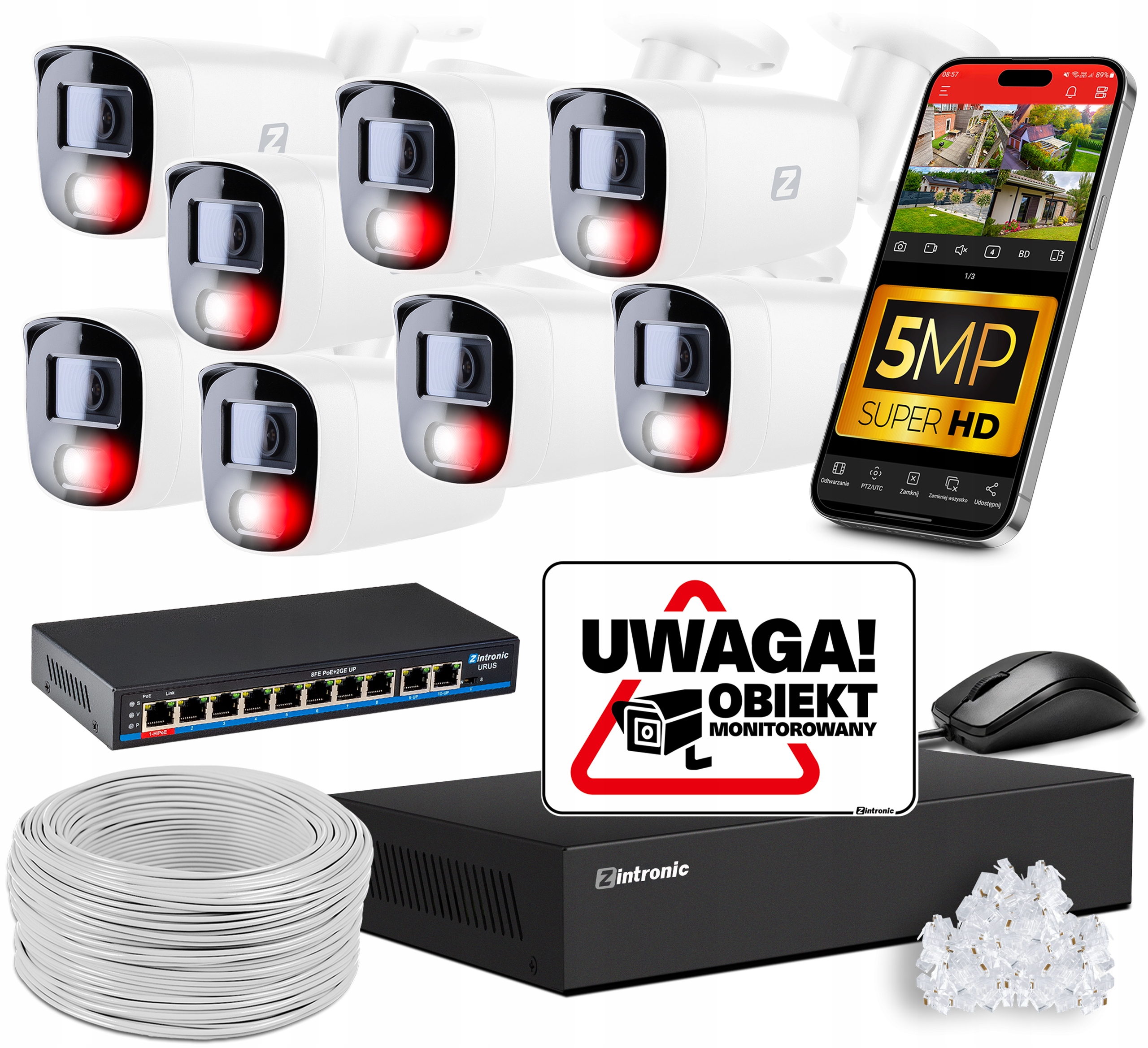 Sada pro Ip Monitorování Poe 8 Kamer 5MPx Switch Aplikace Bez Disku