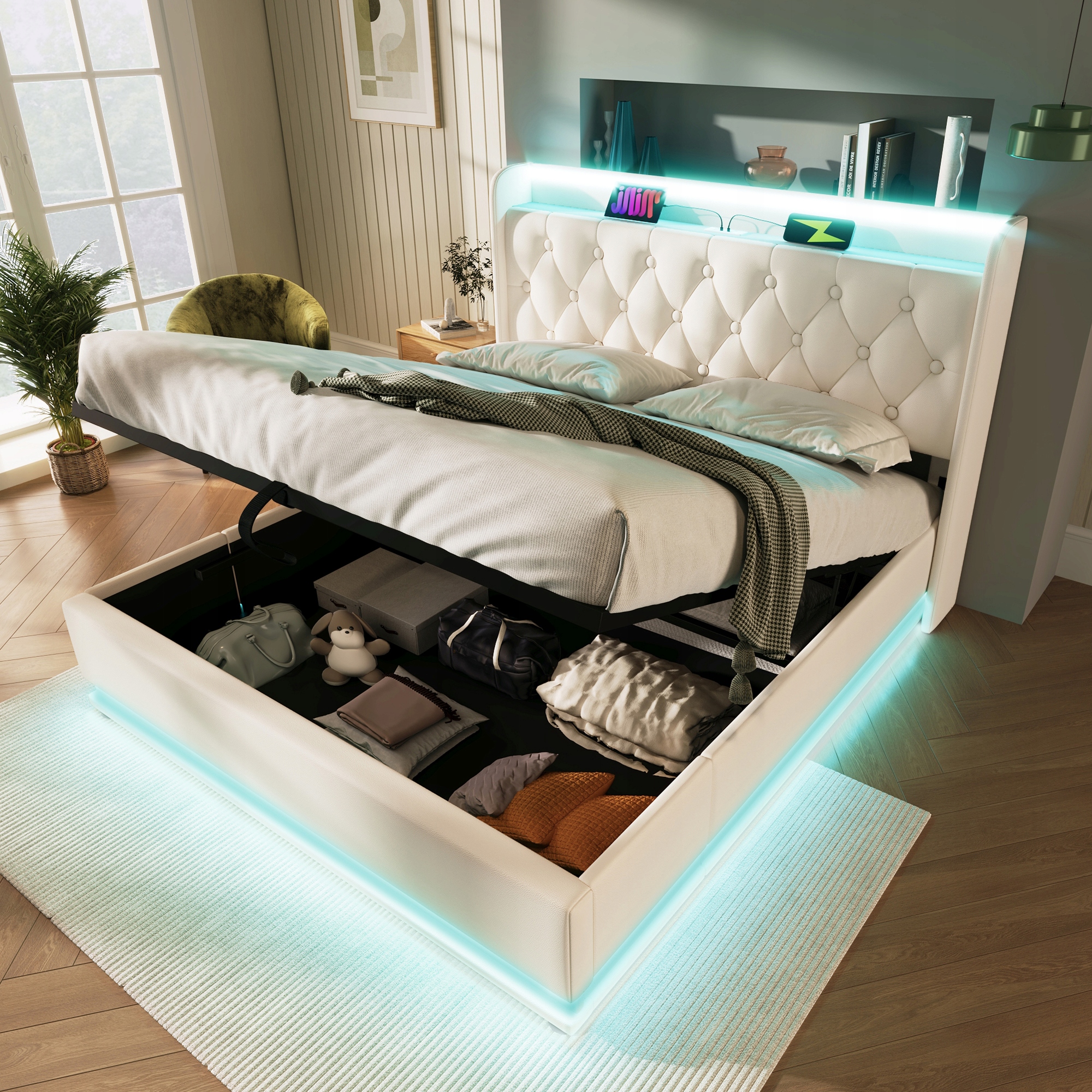 Čalouněná manželská postel LED160*200 cm Usb Type-C bílá Pu