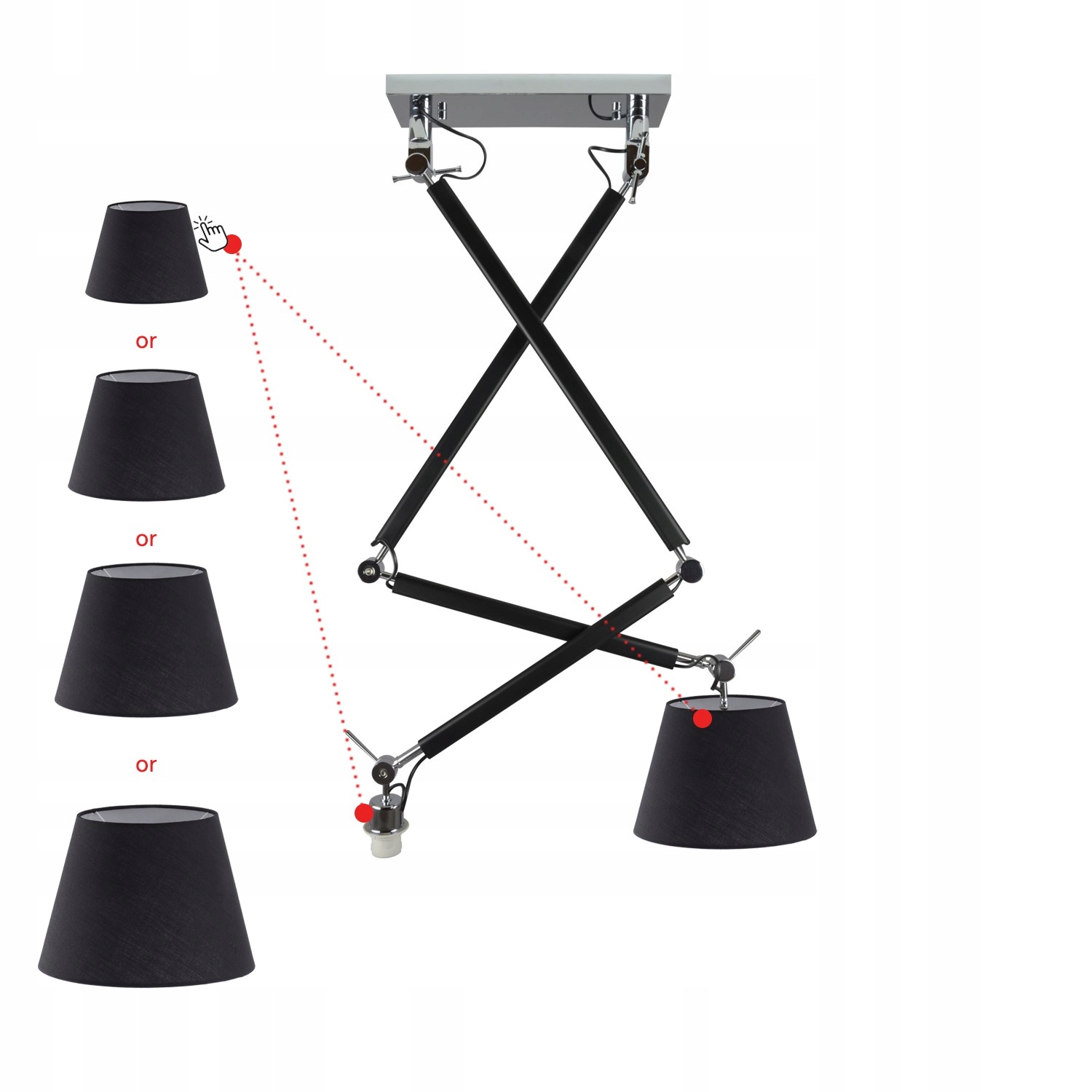 Industriální moderní lampa Zyta 2 S chrom s lomenými rameny a stínítky E27