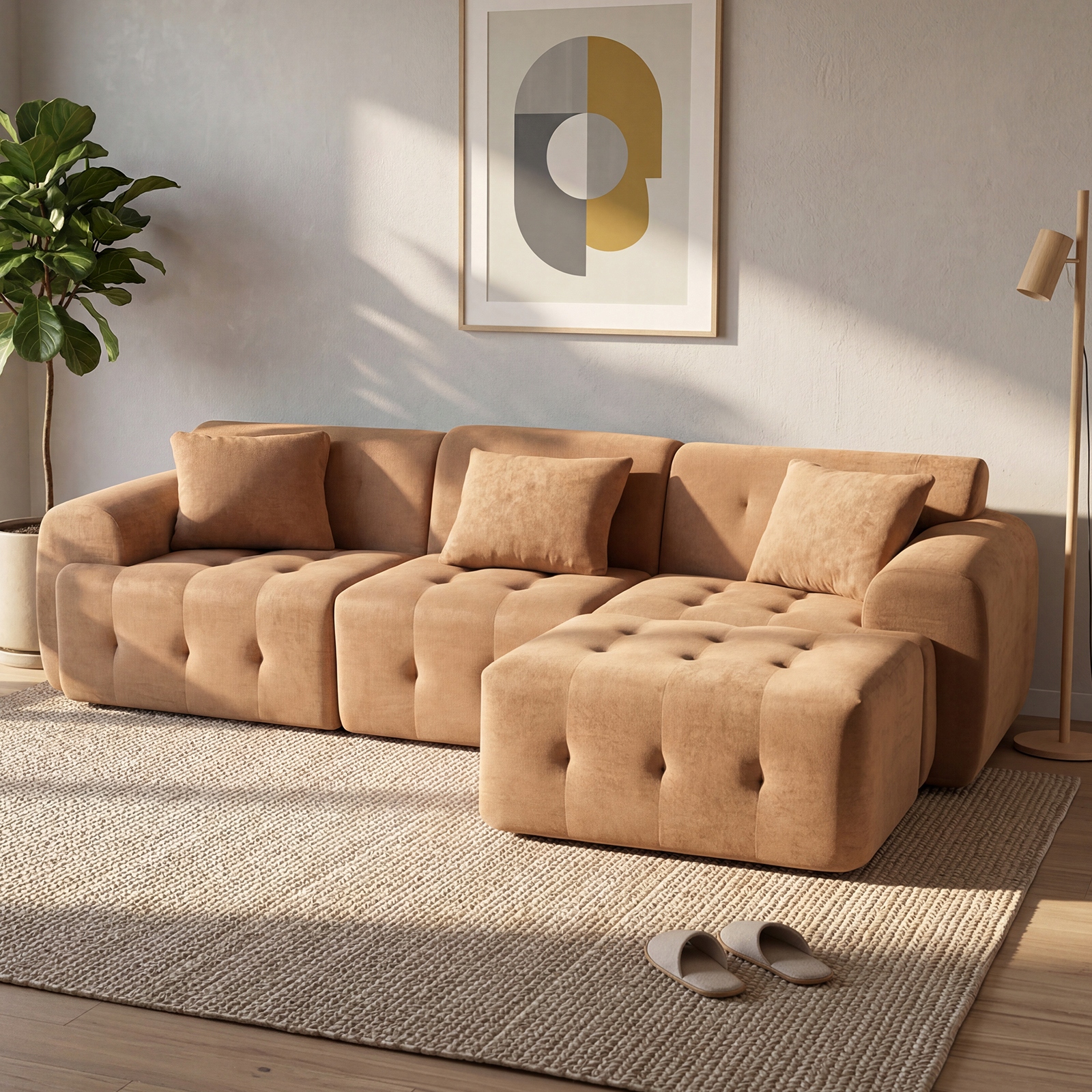 Hoekbank, 245 x 60 x 40 cm, modulaire bank met slaapfunctie met poef, bruin