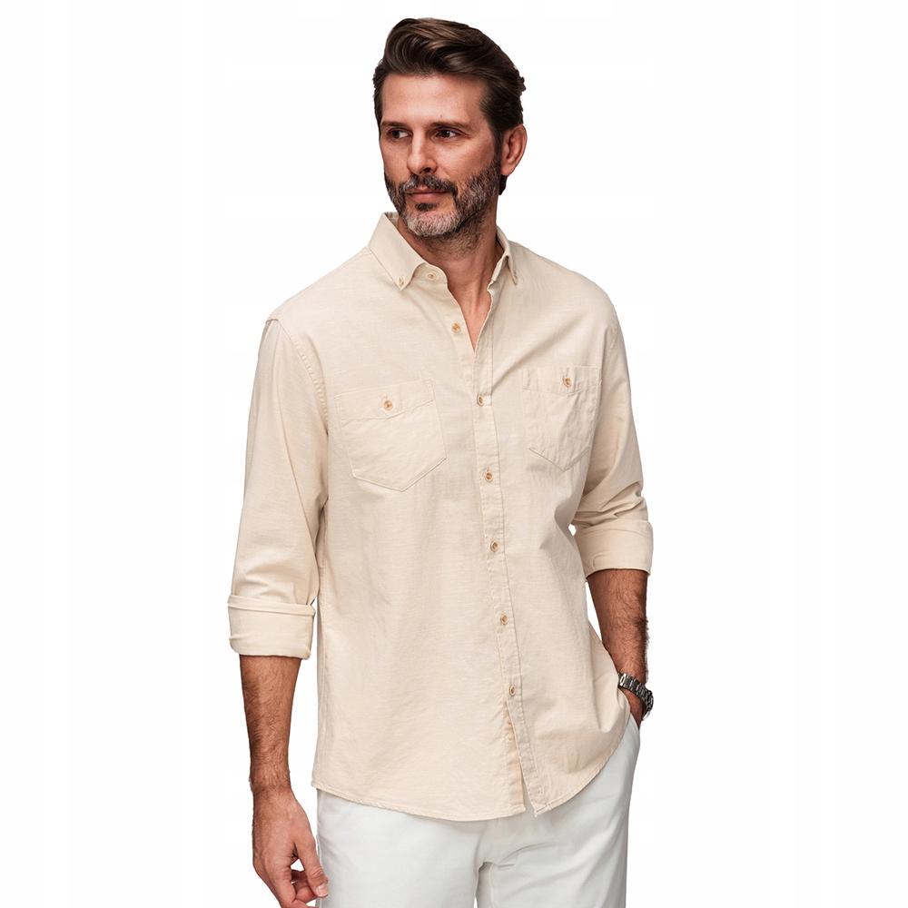 Pohodlná lněná pánská košile s kapsami button-down krémová V3 K706 L