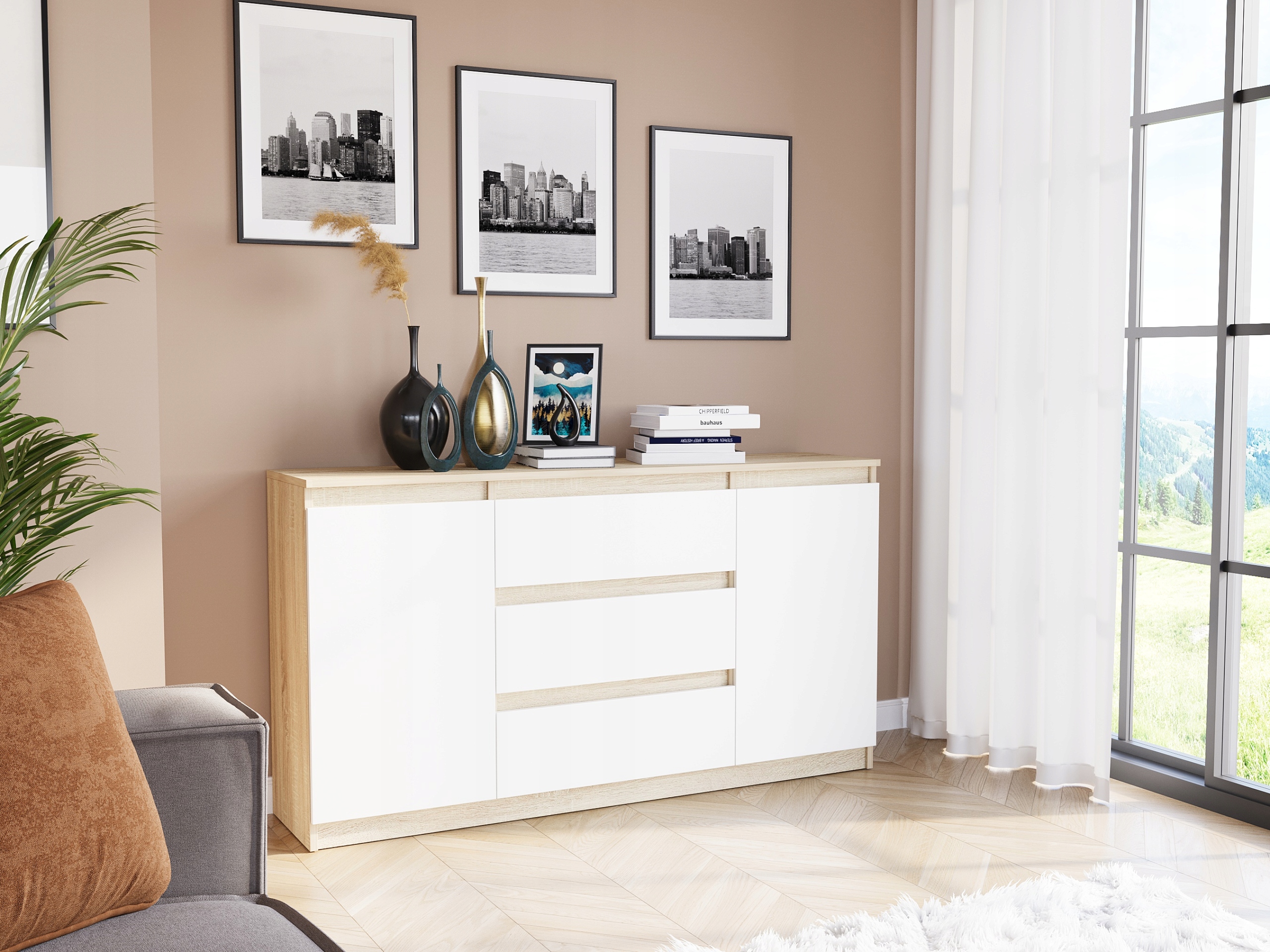 KOMODA 140 SZAFKA 3 SZUFLADY 2 PÓŁKI R-140-S3 MIX SONOMA