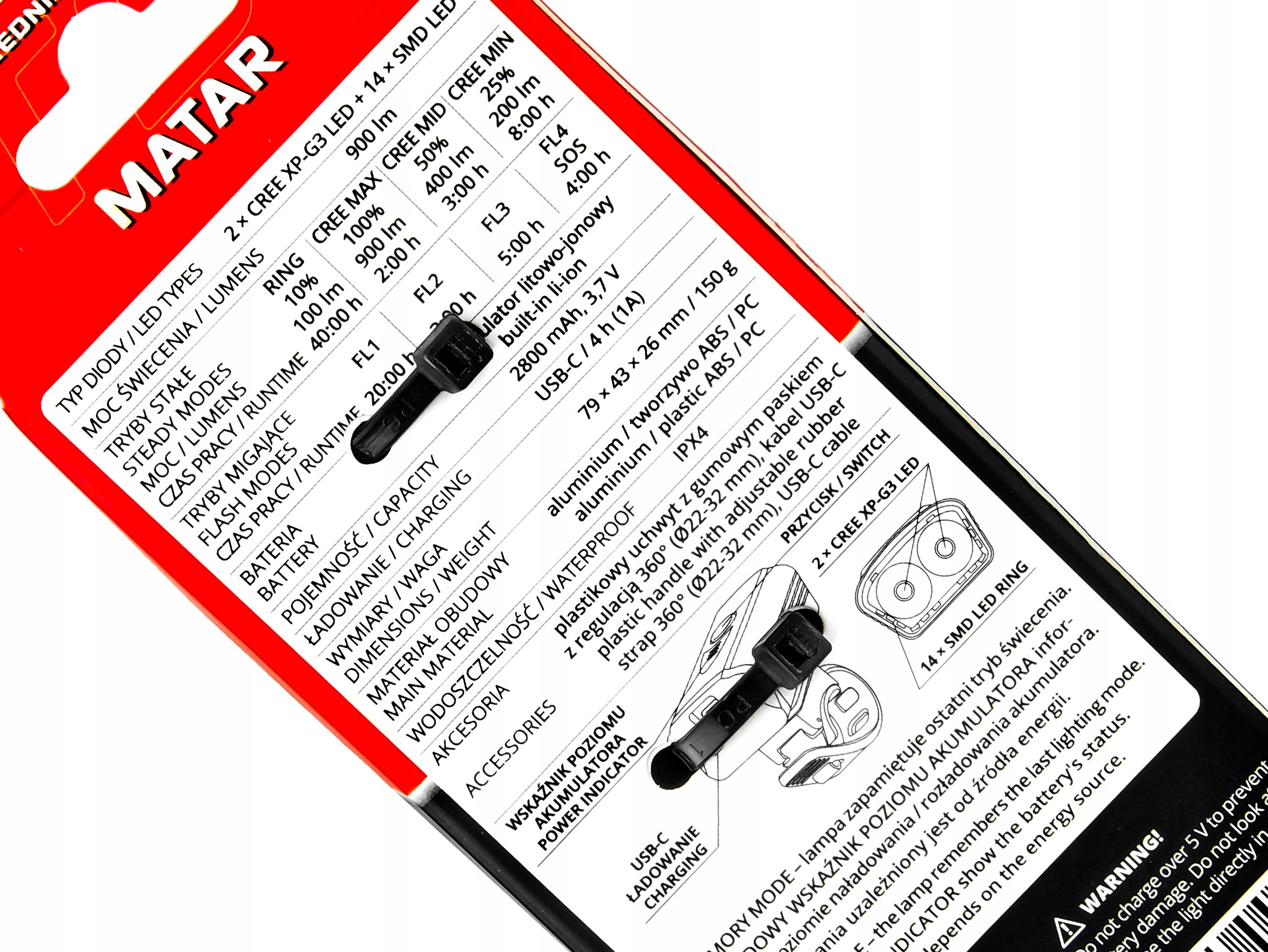 PRZEDNIA LAMPKA ROWEROWA PROX MATAR 900 lm 8 TRYBÓW 2800mAh USB-C Zasilanie USB