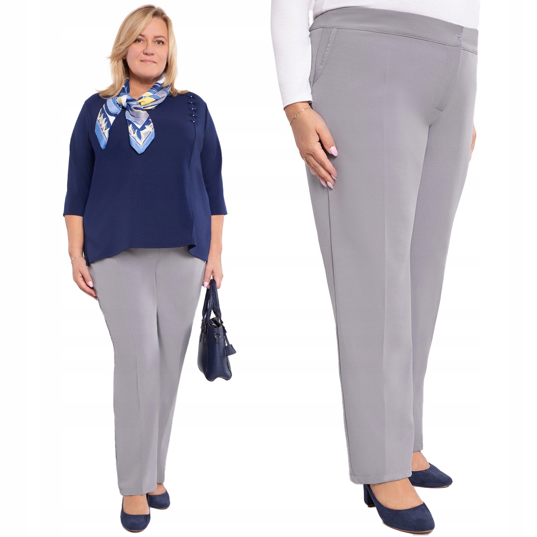 Světle šedé společenské kalhoty v barvě plus size, velikost 60