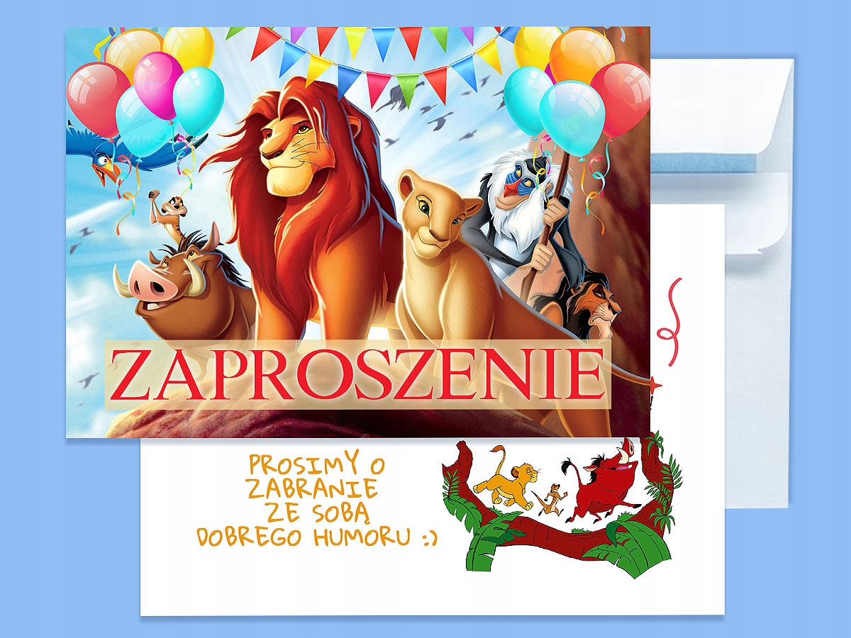 ZAPROSZENIE KRÓL LEW NA URODZINY DZIECKA + KOPERTA GRATIS Typ znaczek