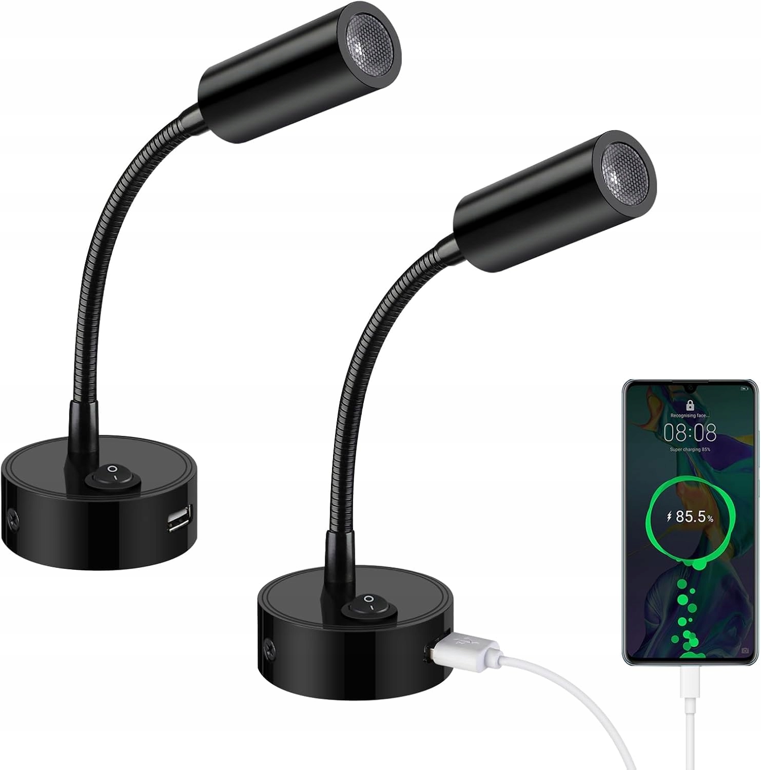Led lampa na čtení 2 ks Dotyková stmívatelná 3000K-6000K černá jachta