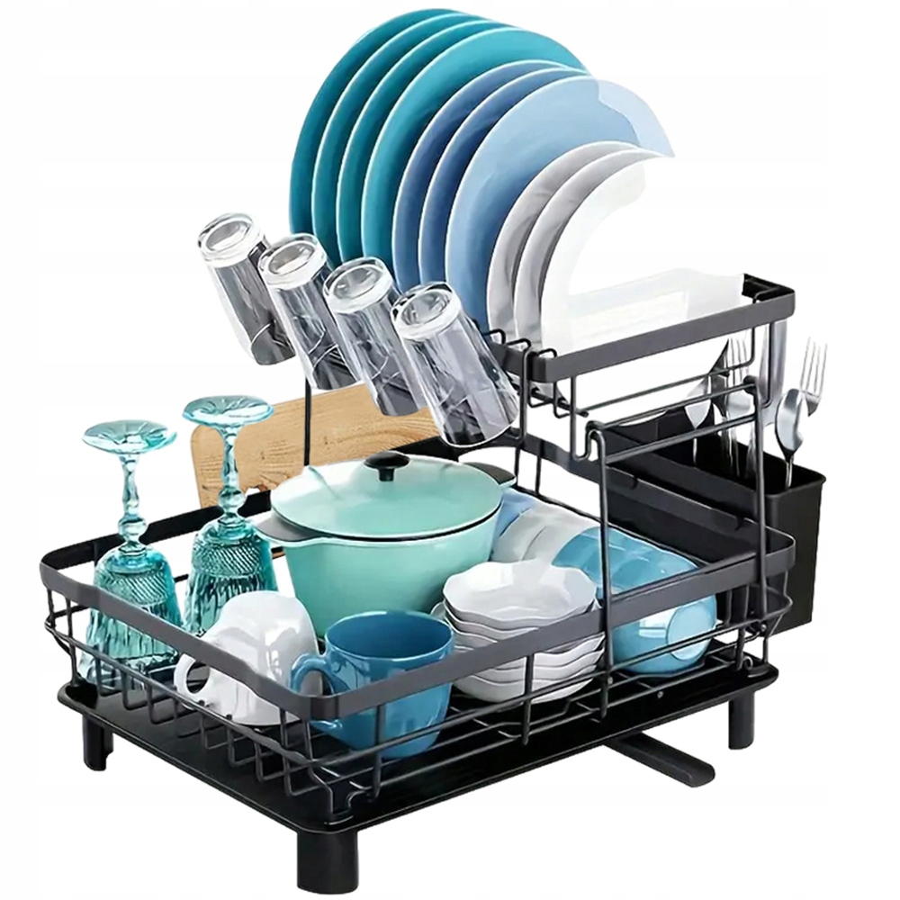Levně Dvojitá Vrstva Odkapávač Na Nádobí Multifunkční Kuchyňský Organizér Černý