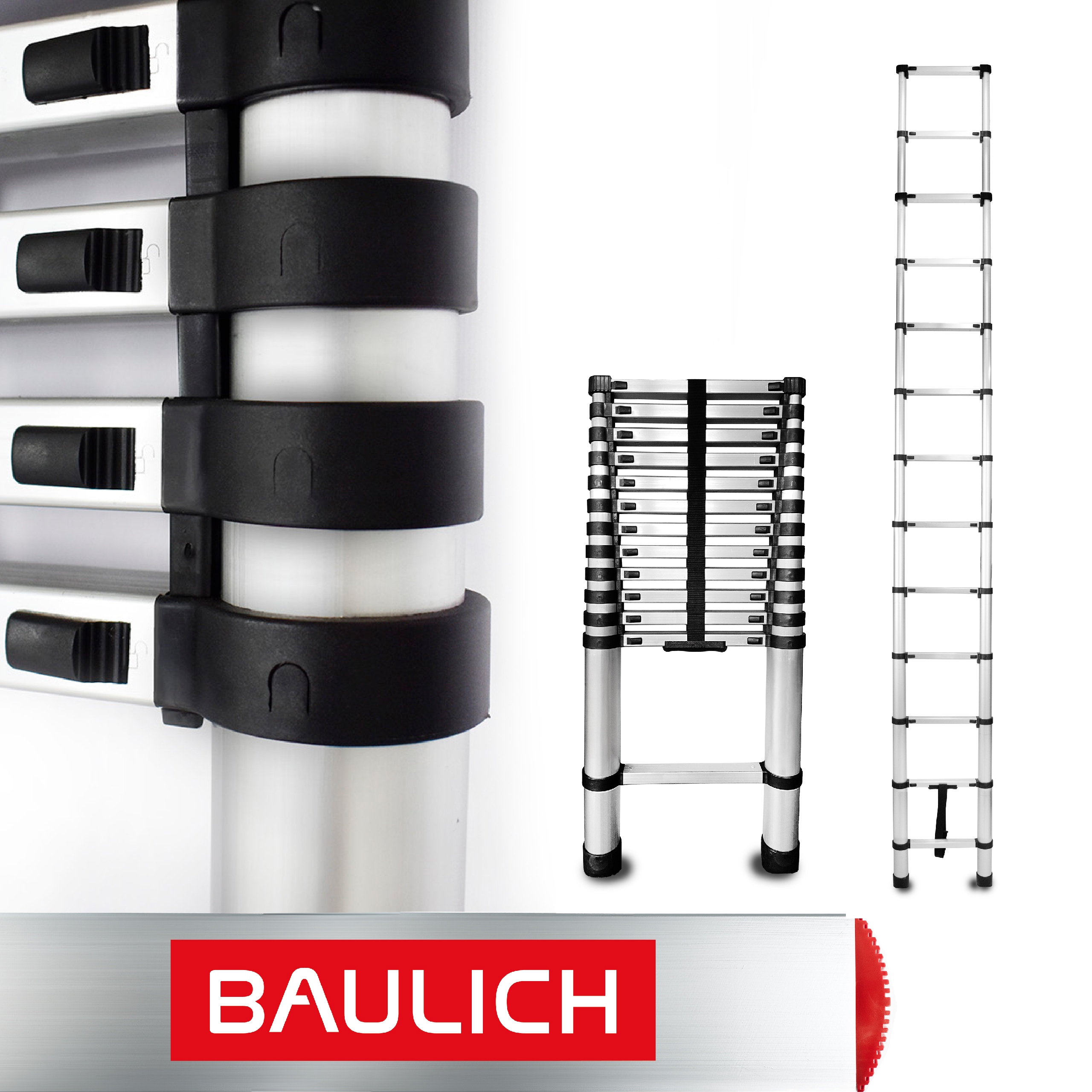 Skladací teleskopický rebrík z hliníka, 13 priečok, Odbojníky