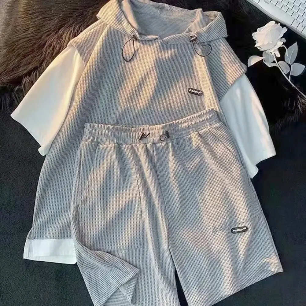 2Pcs/Set Men Casual Sport Outfit Hooded Drawstring Kolor czarny