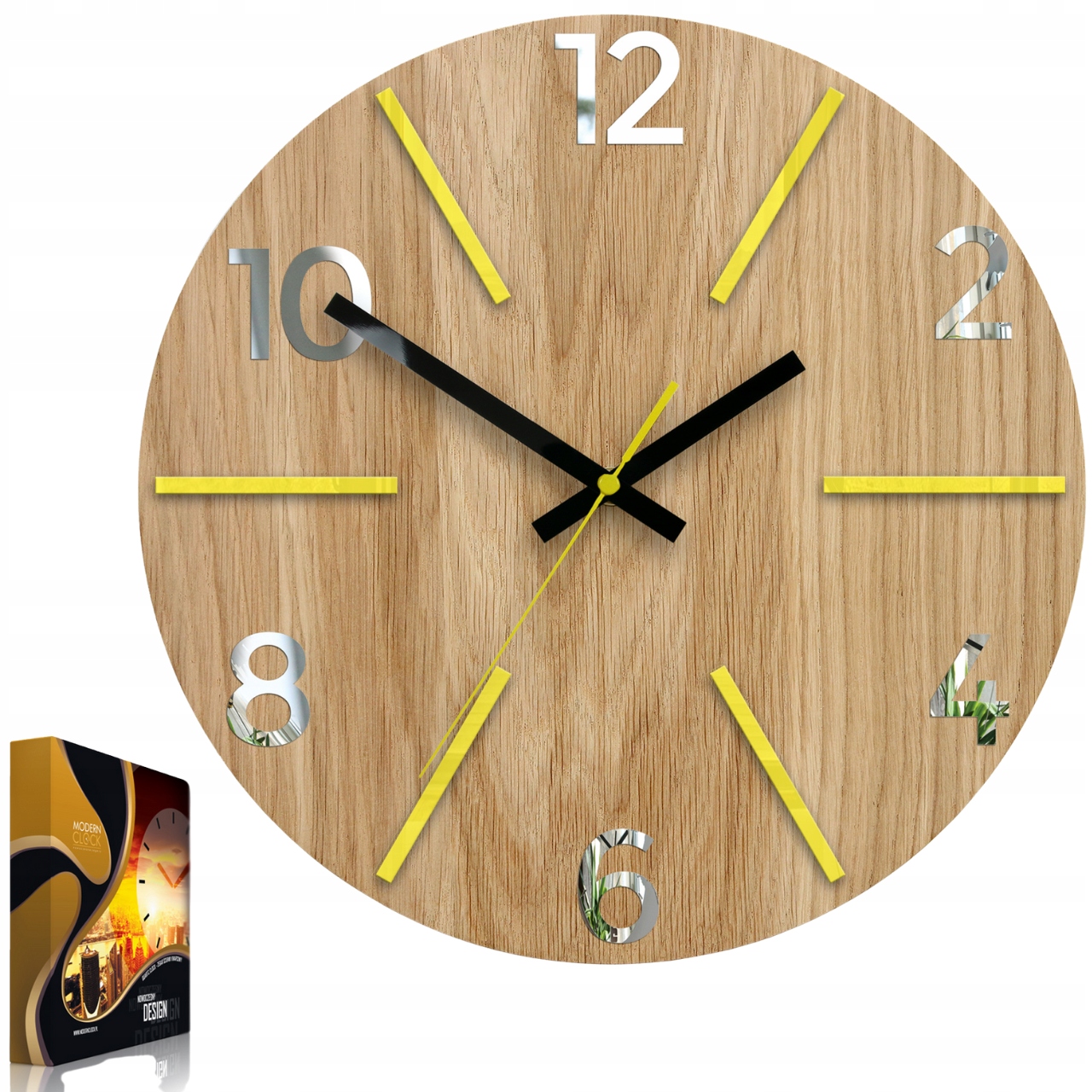 Nástěnný akrylový dubový hodinový stroj Aksel Wood Yellow Mirror Kulatý