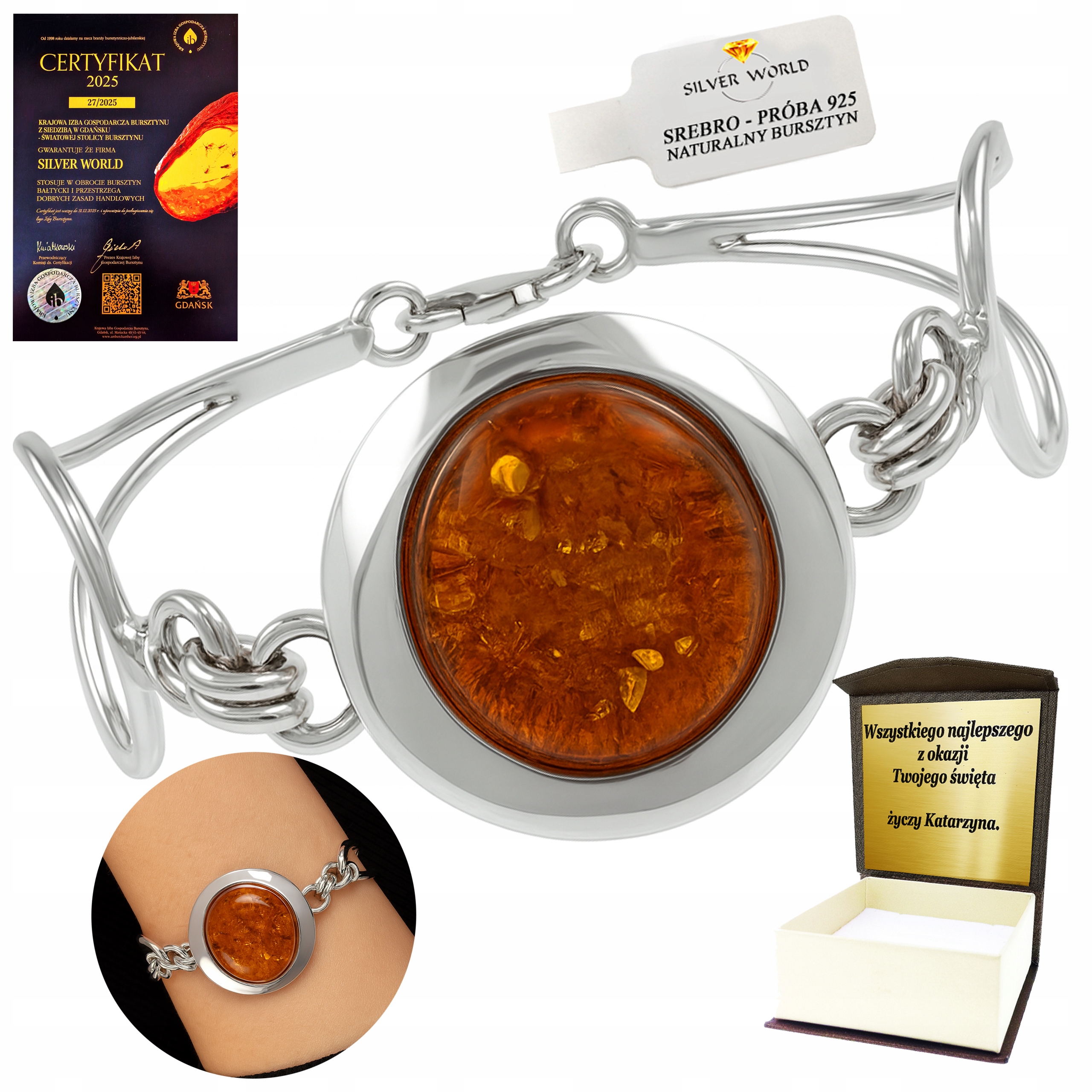 Stříbrný Náramek S Koňakovým Jantarem Jako Dárek, Ruční Práce Gravírování