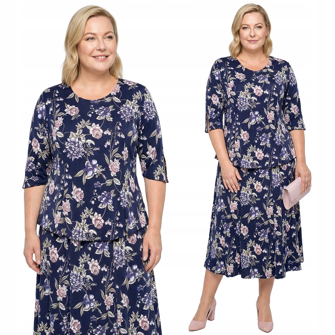 Tmavě modrý komplet s květinami plus size velikost 60/62