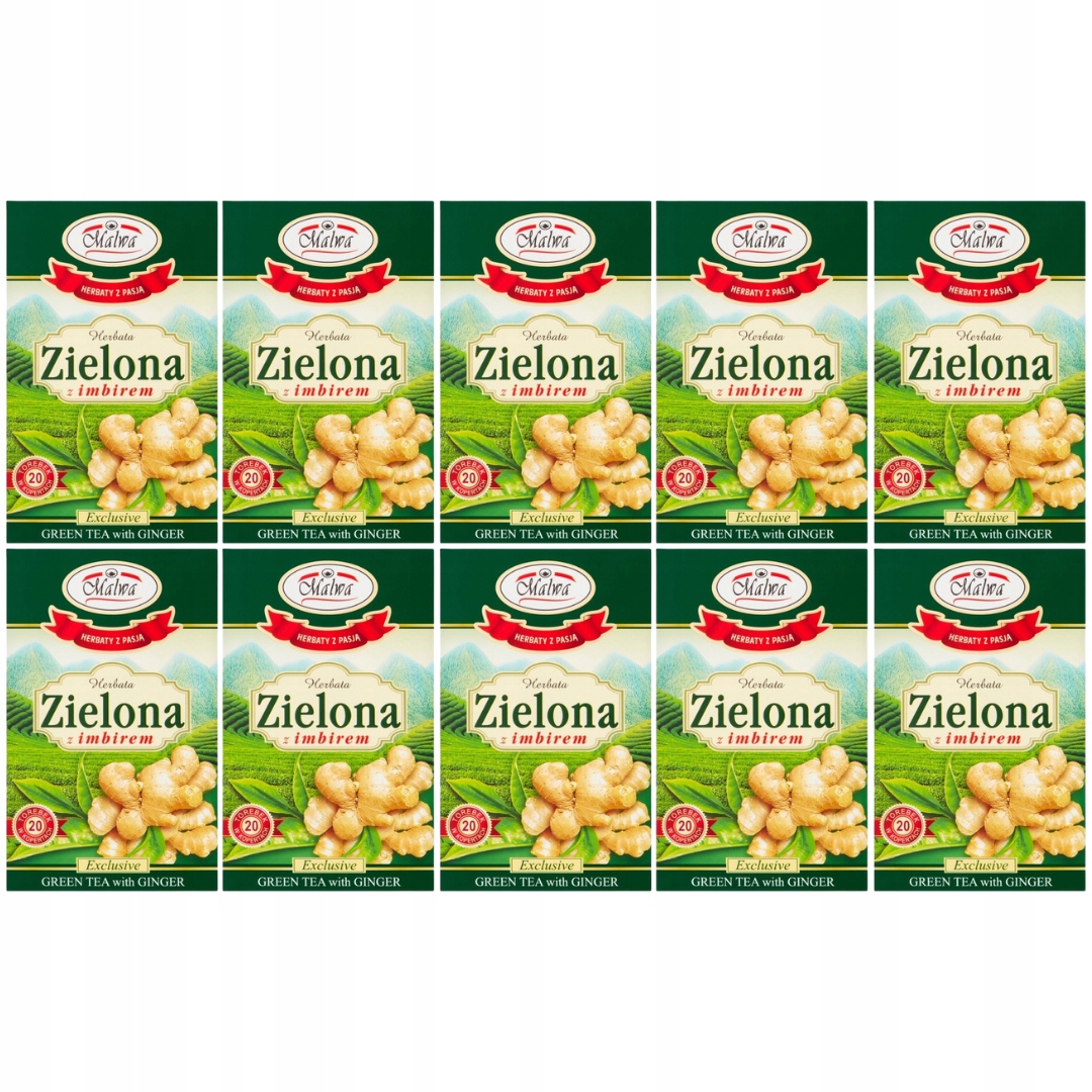 Levně Malwa Exclusive zelený Čaj se zázvorem 30 g (20 x 1,5 g) x 10 kusů
