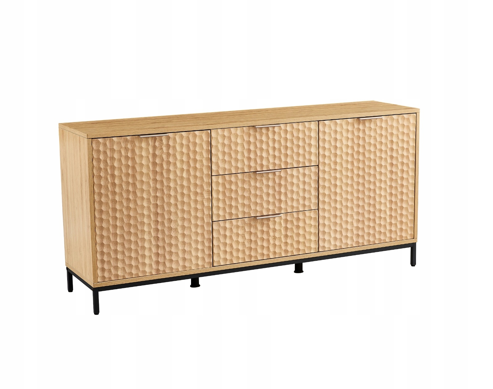 Komoda 160 cm Dąb Naturalny Z Szufladami Plecionka Loft Czarne Nóżki