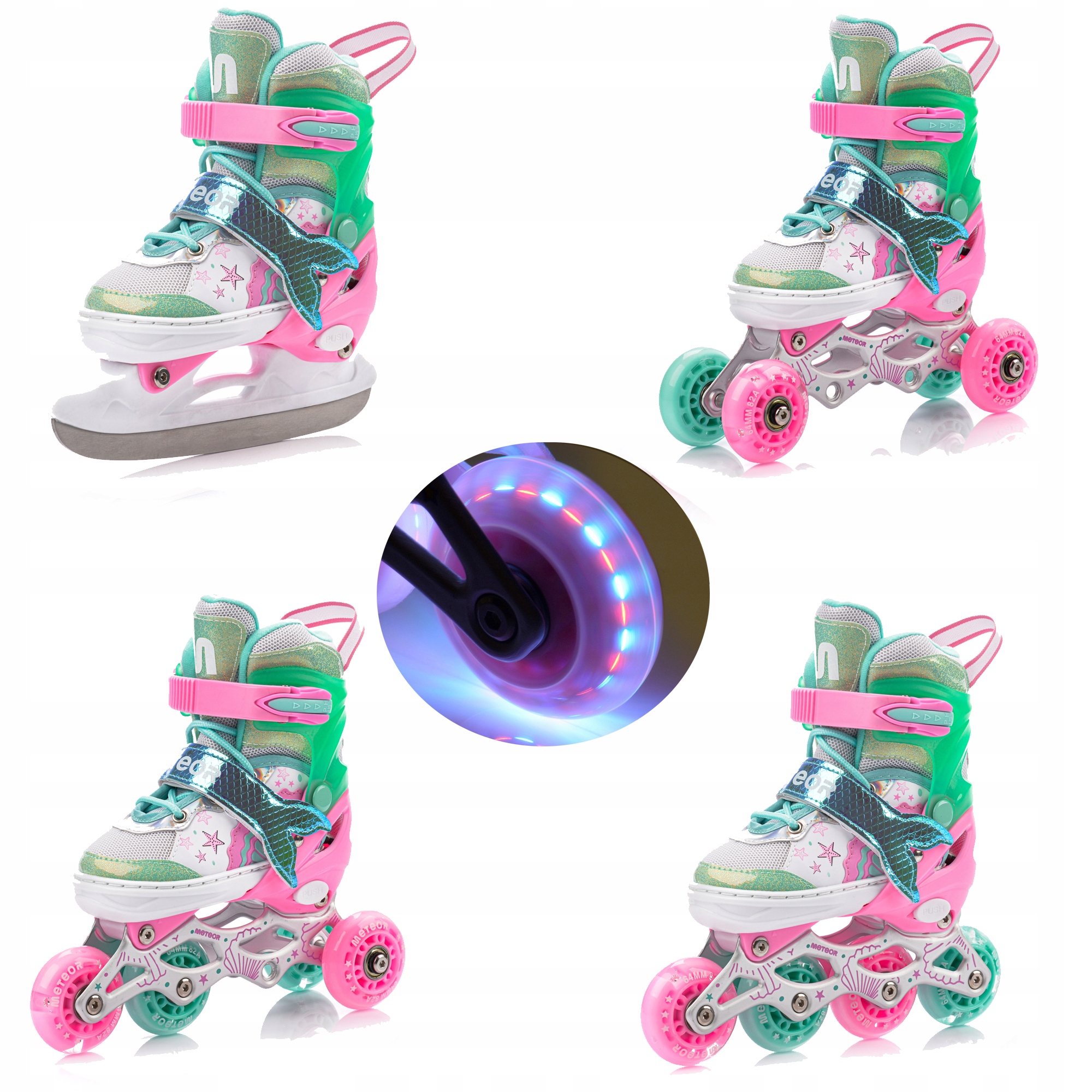 Kolečkové Brusle 4v1 Led kombinované brusle: na led, inline, kolečkové nastavitelné Meteor velikost M 34-37