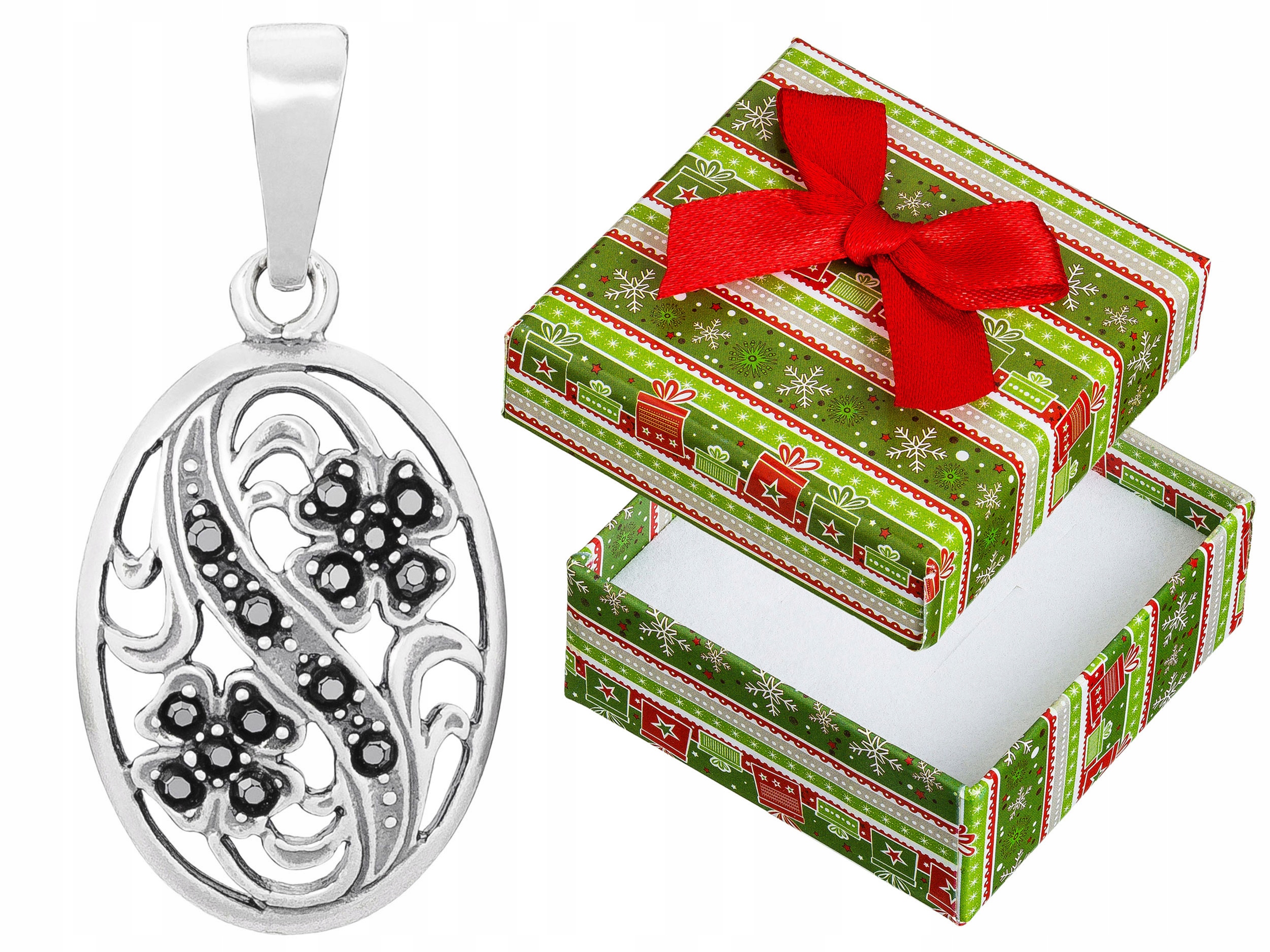 Stříbrný Přívěsek Ovál s černými zirkony Dámský přívěsek Květina