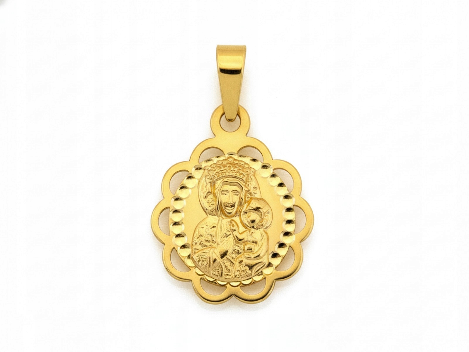 Jemný zlatý medailon pro dívku 585, frézovaný, 0,97 g Matka Boží